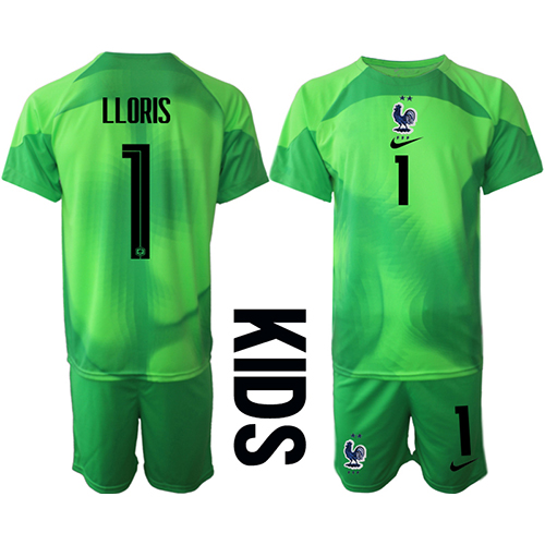 Francia Hugo Lloris #1 Portero Segunda Equipación Niños Mundial 2022 Manga Corta (+ Pantalones cortos)